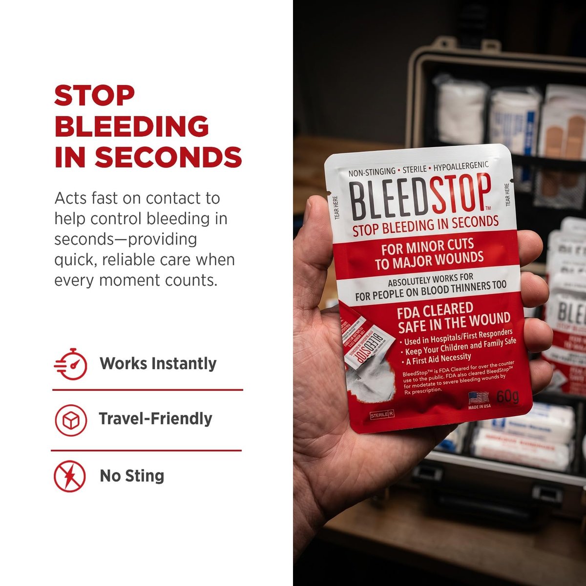 BleedStop™ Blutstillendes Pulver für Blutgerinnung, Traumakit, für Patienten mit Blutverdünnern, Camping-Sicherheit und Überlebensausrüstung für mittelschwere bis schwere blutende Wunden oder Nasenbluten – 4 Beutel à 15 g