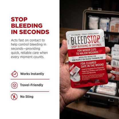 BleedStop™ Blutstillendes Pulver für Blutgerinnung, Traumakit, für Patienten mit Blutverdünnern, Camping-Sicherheit und Überlebensausrüstung für mittelschwere bis schwere blutende Wunden oder Nasenbluten – 4 Beutel à 15 g