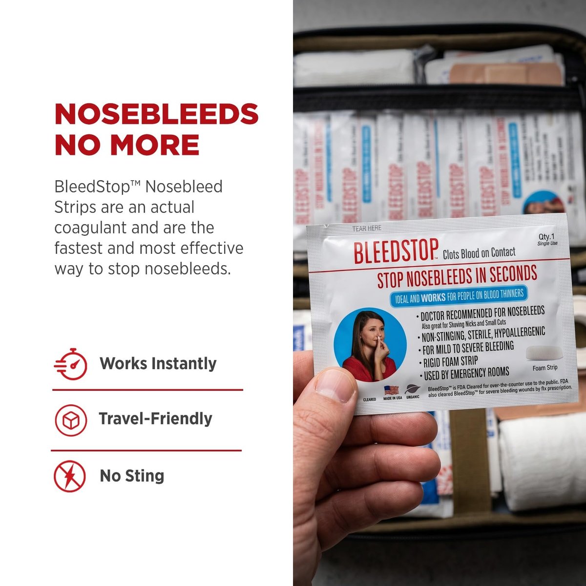 BleedStop™ Nasenbluten-Streifen – Schnell wirkender Blutstillender Schaumstoff – Hilft bei Kontakt Blut zu gerinnen – Nicht stechend, steril, hypoallergen für leichte bis starke Nasenbluten