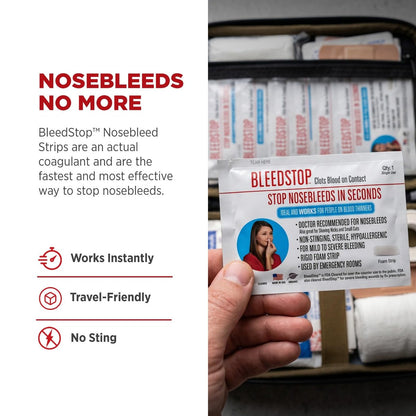 BleedStop™ Nasenbluten-Streifen – Schnell wirkender Blutstillender Schaumstoff – Hilft bei Kontakt Blut zu gerinnen – Nicht stechend, steril, hypoallergen für leichte bis starke Nasenbluten