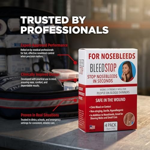 BleedStop™ Nasenbluten-Streifen – Schnell wirkender Blutstillender Schaumstoff – Hilft bei Kontakt Blut zu gerinnen – Nicht stechend, steril, hypoallergen für leichte bis starke Nasenbluten