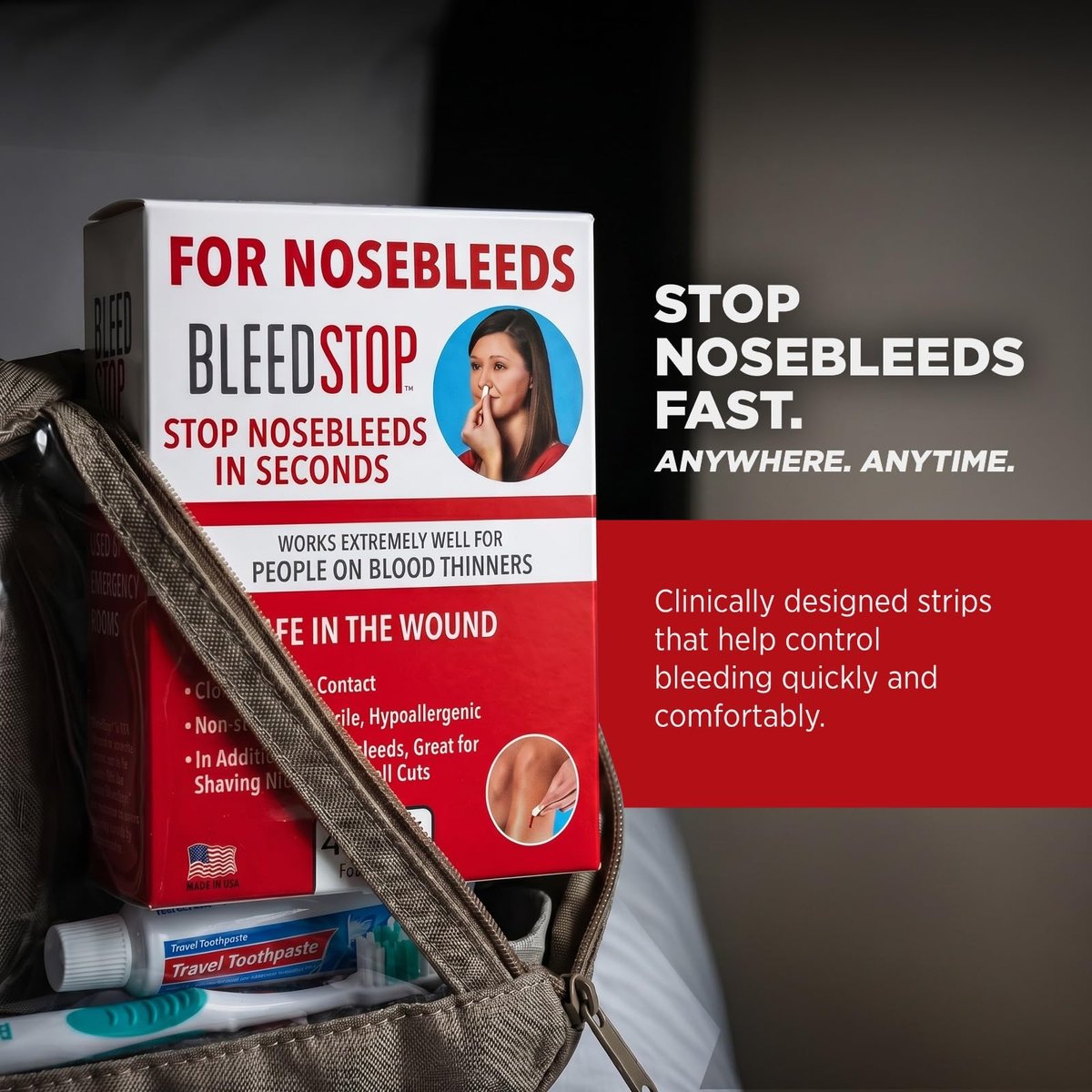 BleedStop™ Nasenbluten-Streifen – Schnell wirkender Blutstillender Schaumstoff – Hilft bei Kontakt Blut zu gerinnen – Nicht stechend, steril, hypoallergen für leichte bis starke Nasenbluten
