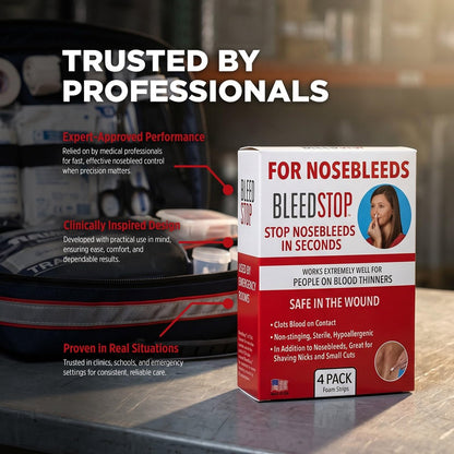 BleedStop™ Nasenbluten-Streifen – Schnell wirkender Blutstillender Schaumstoff – Hilft bei Kontakt Blut zu gerinnen – Nicht stechend, steril, hypoallergen für leichte bis starke Nasenbluten