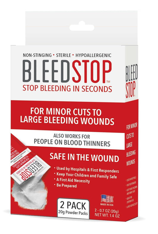 BleedStop™ Erste-Hilfe-Pulver zur Blutstillung, Trauma-Kit, für Patienten mit Blutverdünnern, Camping-Sicherheit und Überlebensausrüstung für mittelschwere bis schwere blutende Wunden oder Nasenbluten – 2 (20g) Beutel