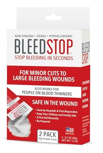 BleedStop™ Erste-Hilfe-Pulver zur Blutstillung, Trauma-Kit, für Patienten mit Blutverdünnern, Camping-Sicherheit und Überlebensausrüstung für mittelschwere bis schwere blutende Wunden oder Nasenbluten – 2 (20g) Beutel