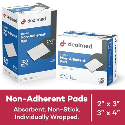 Dealmed Sterile Non-Adherent 2" x 3" Mullkompressen – 100 Stück, hochsaugfähig, nicht klebend, schmerzfreier Verbandwechsel