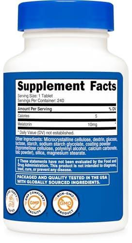 Nutricost Melatonin 10mg, 240 Tabletten – 10mg pro Portion, Non-GMO, Glutenfrei