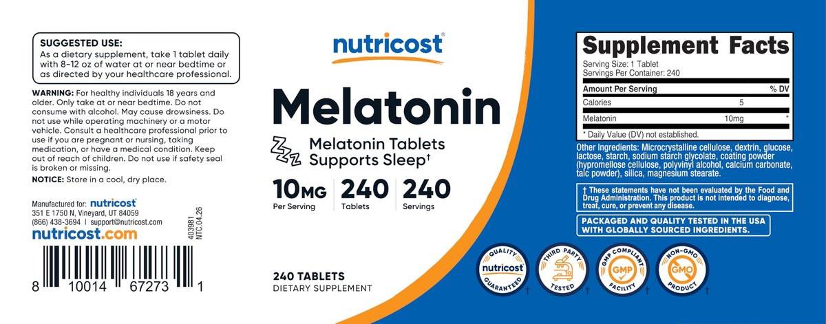 Nutricost Melatonin 10mg, 240 Tabletten – 10mg pro Portion, Non-GMO, Glutenfrei