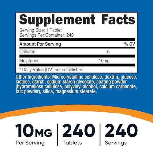 Nutricost Melatonin 10mg, 240 Tabletten – 10mg pro Portion, Non-GMO, Glutenfrei
