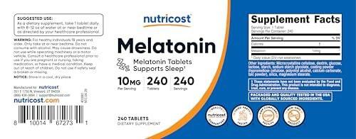 Nutricost Melatonin 10mg, 240 Tabletten – 10mg pro Portion, Non-GMO, Glutenfrei