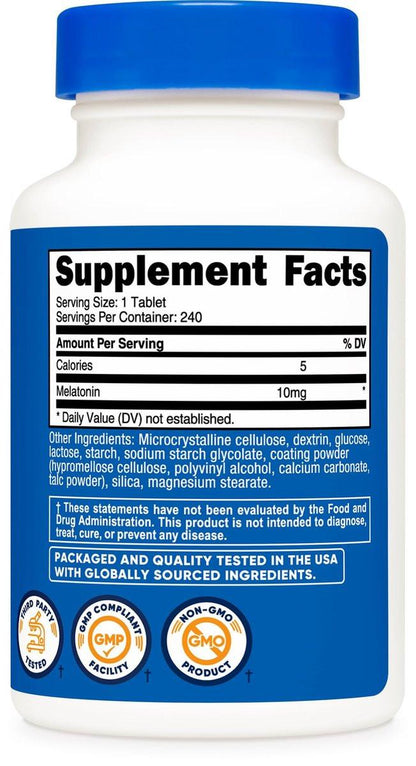 Nutricost Melatonin 10mg, 240 Tabletten – 10mg pro Portion, Non-GMO, Glutenfrei