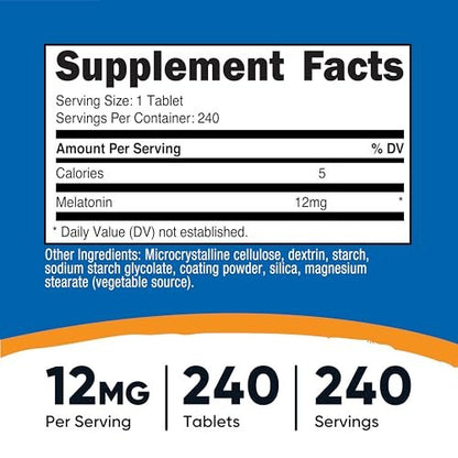 Nutricost Melatonin 12mg, 240 Tabletten – 12mg pro Portion, Nicht-GMO, Glutenfrei