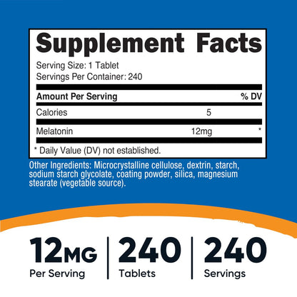 Nutricost Melatonin 12mg, 240 Tabletten – 12mg pro Portion, Nicht-GMO, Glutenfrei