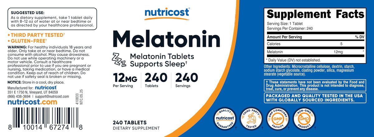 Nutricost Melatonin 12mg, 240 Tabletten – 12mg pro Portion, Nicht-GMO, Glutenfrei