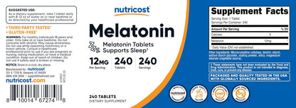 Nutricost Melatonin 12mg, 240 Tabletten – 12mg pro Portion, Nicht-GMO, Glutenfrei