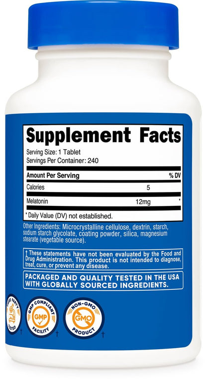 Nutricost Melatonin 12mg, 240 Tabletten – 12mg pro Portion, Nicht-GMO, Glutenfrei