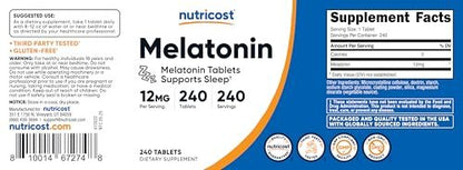Nutricost Melatonin 12mg, 240 Tabletten – 12mg pro Portion, Nicht-GMO, Glutenfrei