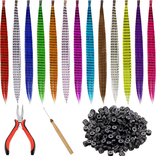 Xinnun 52-teiliges buntes Haarverlängerungsset mit Federn für Frauen – 13 Farben lange gerade synthetische Haarfedern, 200 Silikon-Mikroringe, Häkelnadel und Verlängerungsentferner-Zange für Cosplay und Partys