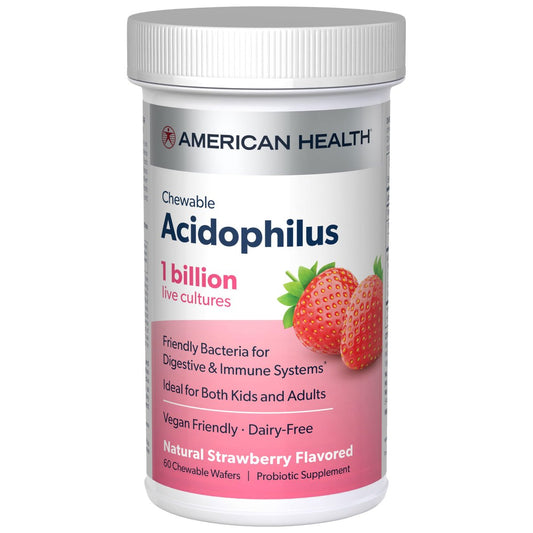 American Health Acidophilus Kautabletten, 1 Milliarde lebende Kulturen, nützliche Bakterien für Verdauungs- und Immunsystem, Erdbeergeschmack, 60 Stück