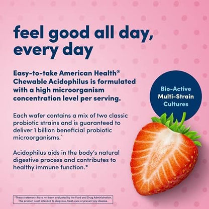 American Health Acidophilus Kautabletten, 1 Milliarde lebende Kulturen, nützliche Bakterien für Verdauungs- und Immunsystem, Erdbeergeschmack, 60 Stück
