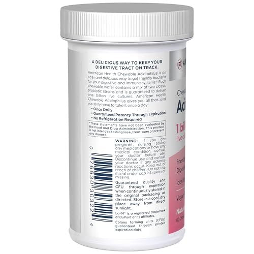 American Health Acidophilus Kautabletten, 1 Milliarde lebende Kulturen, nützliche Bakterien für Verdauungs- und Immunsystem, Erdbeergeschmack, 60 Stück