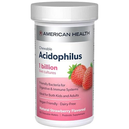 American Health Acidophilus Kautabletten, 1 Milliarde lebende Kulturen, nützliche Bakterien für Verdauungs- und Immunsystem, Erdbeergeschmack, 60 Stück
