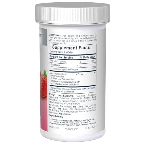 American Health Acidophilus Kautabletten, 1 Milliarde lebende Kulturen, nützliche Bakterien für Verdauungs- und Immunsystem, Erdbeergeschmack, 60 Stück