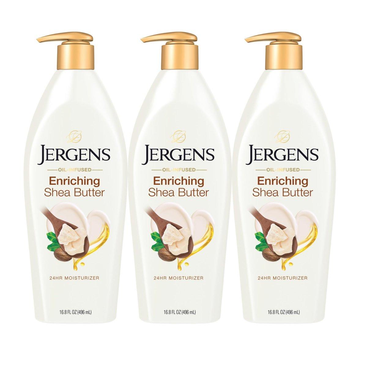 Jergens Shea Butter Hand- und Körperlotion – Tiefenwirksamer Feuchtigkeitsspender für 3x strahlendere Haut, mit reiner Sheabutter, dermatologisch getestet, 16,8 Unzen, 3er-Pack