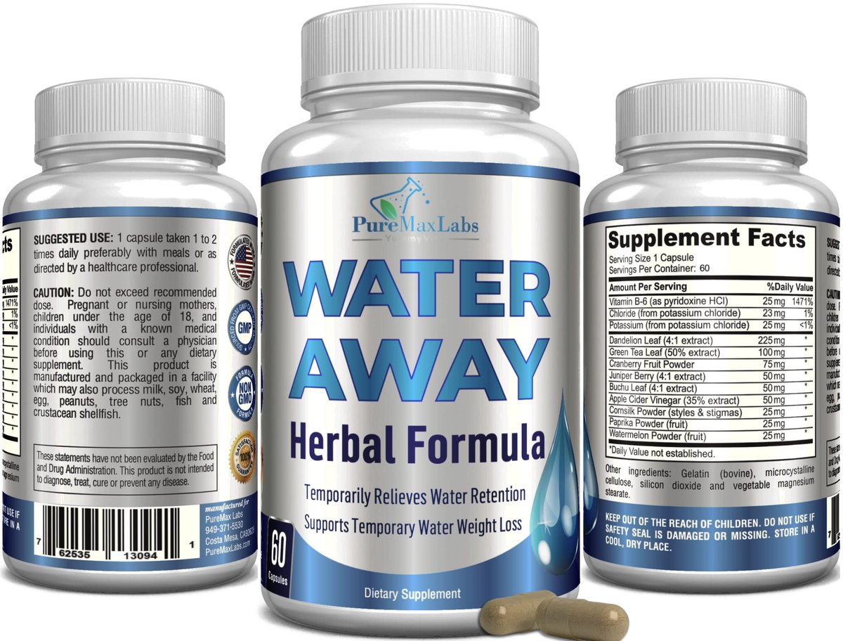 Water Away Sanfte Kräuter-Diuretika – Natürliche Diuretika-Pillen gegen Blähungen, überschüssiges Wassergewicht mit Löwenzahnblatt, Grüntee, Entgiftung & Harngesundheit. Nicht-GVO, 60 Kapseln