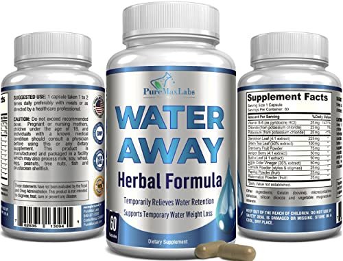 Water Away Sanfte Kräuter-Diuretika – Natürliche Diuretika-Pillen gegen Blähungen, überschüssiges Wassergewicht mit Löwenzahnblatt, Grüntee, Entgiftung & Harngesundheit. Nicht-GVO, 60 Kapseln
