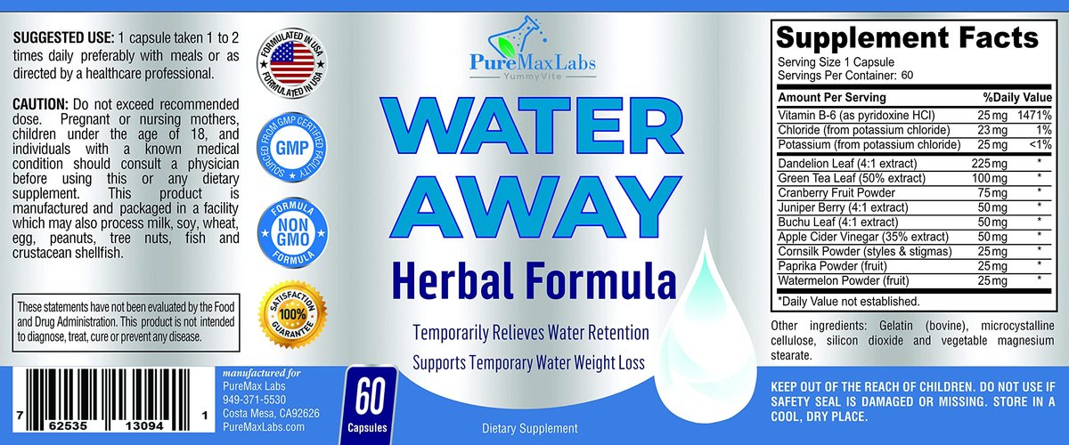 Water Away Sanfte Kräuter-Diuretika – Natürliche Diuretika-Pillen gegen Blähungen, überschüssiges Wassergewicht mit Löwenzahnblatt, Grüntee, Entgiftung & Harngesundheit. Nicht-GVO, 60 Kapseln