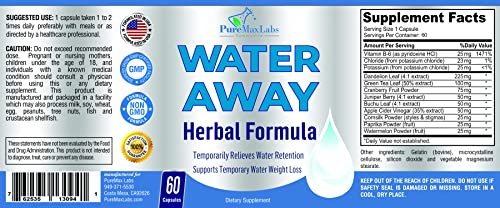 Water Away Sanfte Kräuter-Diuretika – Natürliche Diuretika-Pillen gegen Blähungen, überschüssiges Wassergewicht mit Löwenzahnblatt, Grüntee, Entgiftung & Harngesundheit. Nicht-GVO, 60 Kapseln