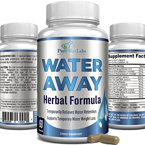 Water Away Sanfte Kräuter-Diuretika – Natürliche Diuretika-Pillen gegen Blähungen, überschüssiges Wassergewicht mit Löwenzahnblatt, Grüntee, Entgiftung & Harngesundheit. Nicht-GVO, 60 Kapseln