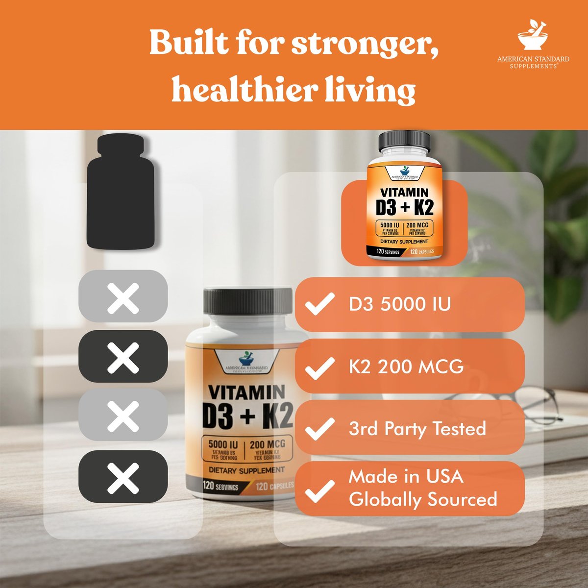 American Standard Supplements Vitamin D3 5000 IE (125 µg) plus Vitamin K2 (MK7) 200 µg pro Kapsel – Glutenfrei, Nicht-GVO, 120 Kapseln, 120 Portionen, 120-Tage-Vorrat