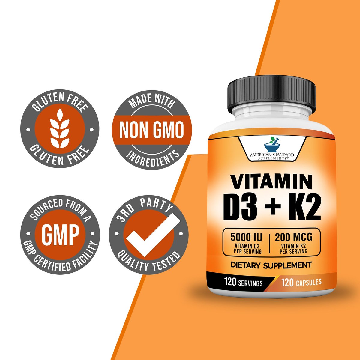 American Standard Supplements Vitamin D3 5000 IE (125 µg) plus Vitamin K2 (MK7) 200 µg pro Kapsel – Glutenfrei, Nicht-GVO, 120 Kapseln, 120 Portionen, 120-Tage-Vorrat