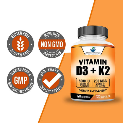 American Standard Supplements Vitamin D3 5000 IE (125 µg) plus Vitamin K2 (MK7) 200 µg pro Kapsel – Glutenfrei, Nicht-GVO, 120 Kapseln, 120 Portionen, 120-Tage-Vorrat