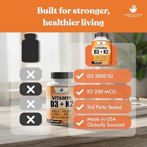American Standard Supplements Vitamin D3 5000 IE (125 µg) plus Vitamin K2 (MK7) 200 µg pro Kapsel – Glutenfrei, Nicht-GVO, 120 Kapseln, 120 Portionen, 120-Tage-Vorrat