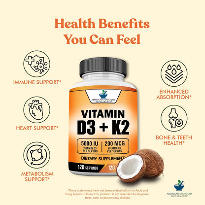 American Standard Supplements Vitamin D3 5000 IE (125 µg) plus Vitamin K2 (MK7) 200 µg pro Kapsel – Glutenfrei, Nicht-GVO, 120 Kapseln, 120 Portionen, 120-Tage-Vorrat