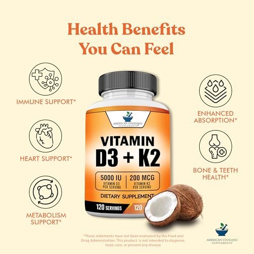 American Standard Supplements Vitamin D3 5000 IE (125 µg) plus Vitamin K2 (MK7) 200 µg pro Kapsel – Glutenfrei, Nicht-GVO, 120 Kapseln, 120 Portionen, 120-Tage-Vorrat