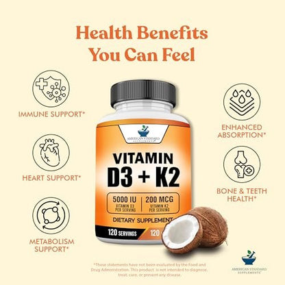 American Standard Supplements Vitamin D3 5000 IE (125 µg) plus Vitamin K2 (MK7) 200 µg pro Kapsel – Glutenfrei, Nicht-GVO, 120 Kapseln, 120 Portionen, 120-Tage-Vorrat
