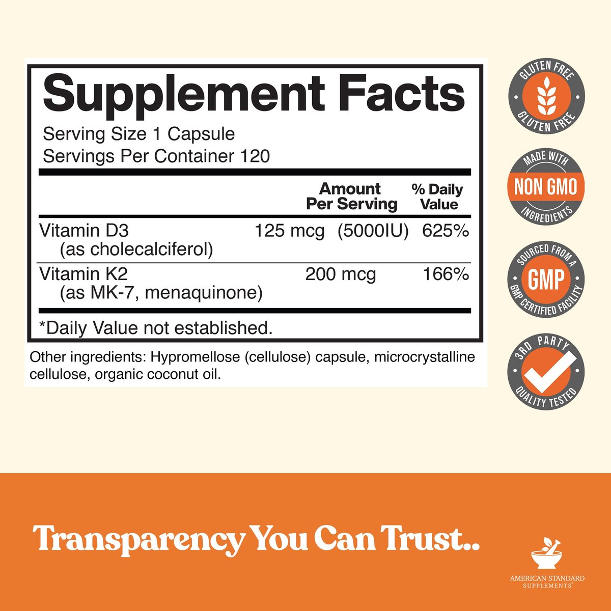 American Standard Supplements Vitamin D3 5000 IE (125 µg) plus Vitamin K2 (MK7) 200 µg pro Kapsel – Glutenfrei, Nicht-GVO, 120 Kapseln, 120 Portionen, 120-Tage-Vorrat