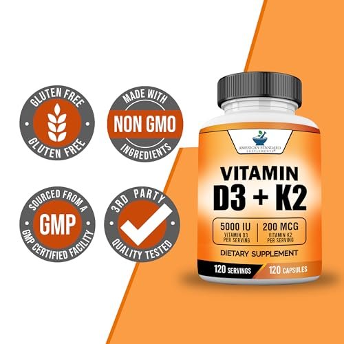 American Standard Supplements Vitamin D3 5000 IE (125 µg) plus Vitamin K2 (MK7) 200 µg pro Kapsel – Glutenfrei, Nicht-GVO, 120 Kapseln, 120 Portionen, 120-Tage-Vorrat