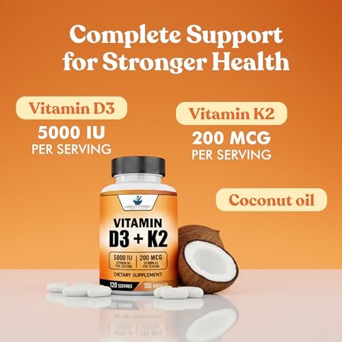 American Standard Supplements Vitamin D3 5000 IE (125 µg) plus Vitamin K2 (MK7) 200 µg pro Kapsel – Glutenfrei, Nicht-GVO, 120 Kapseln, 120 Portionen, 120-Tage-Vorrat