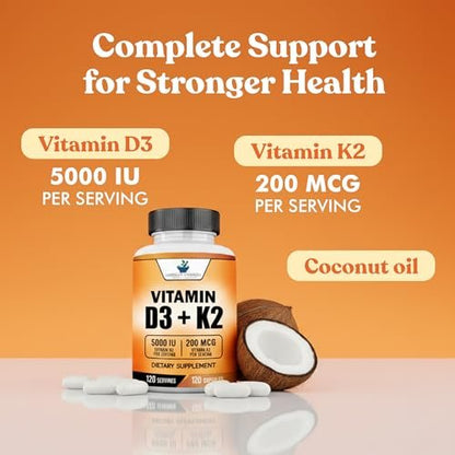 American Standard Supplements Vitamin D3 5000 IE (125 µg) plus Vitamin K2 (MK7) 200 µg pro Kapsel – Glutenfrei, Nicht-GVO, 120 Kapseln, 120 Portionen, 120-Tage-Vorrat