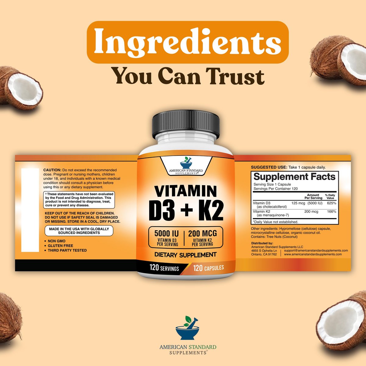 American Standard Supplements Vitamin D3 5000 IE (125 µg) plus Vitamin K2 (MK7) 200 µg pro Kapsel – Glutenfrei, Nicht-GVO, 120 Kapseln, 120 Portionen, 120-Tage-Vorrat