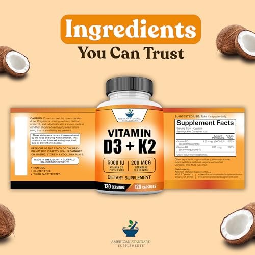 American Standard Supplements Vitamin D3 5000 IE (125 µg) plus Vitamin K2 (MK7) 200 µg pro Kapsel – Glutenfrei, Nicht-GVO, 120 Kapseln, 120 Portionen, 120-Tage-Vorrat