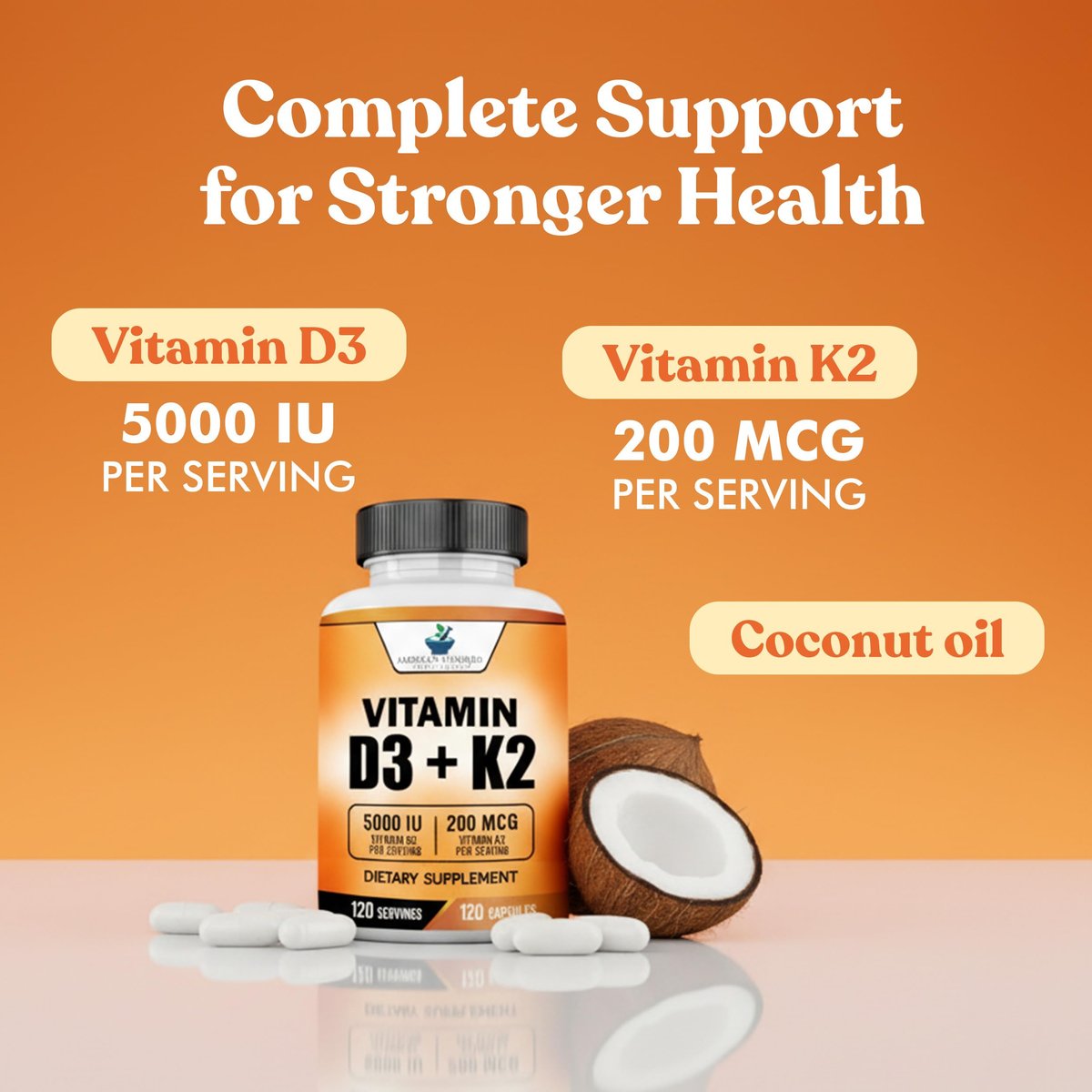 American Standard Supplements Vitamin D3 5000 IE (125 µg) plus Vitamin K2 (MK7) 200 µg pro Kapsel – Glutenfrei, Nicht-GVO, 120 Kapseln, 120 Portionen, 120-Tage-Vorrat