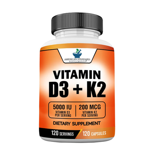 American Standard Supplements Vitamin D3 5000 IE (125 µg) plus Vitamin K2 (MK7) 200 µg pro Kapsel – Glutenfrei, Nicht-GVO, 120 Kapseln, 120 Portionen, 120-Tage-Vorrat