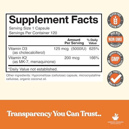 American Standard Supplements Vitamin D3 5000 IE (125 µg) plus Vitamin K2 (MK7) 200 µg pro Kapsel – Glutenfrei, Nicht-GVO, 120 Kapseln, 120 Portionen, 120-Tage-Vorrat