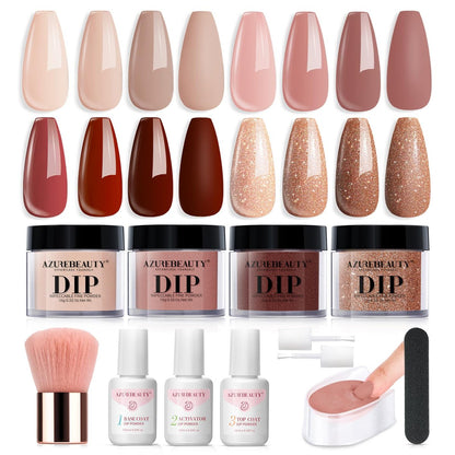 AZUREBEAUTY Dip Powder Nail Set Starter, 4 Farben Nude Braun Glitzer, Dipping Powder Liquid Set mit Base/Top Coat und Aktivator für tägliche French Nail Art Maniküre DIY Geschenk 12-teilig